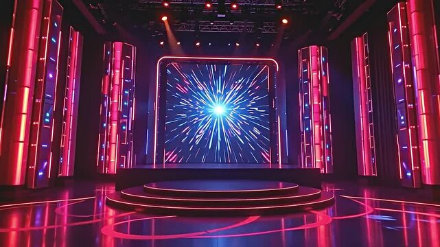 the vibrant backdrop of an awards presentation, sparkling neon accents contrasted against a sleek dark stage, multi layered lighting effects that create depth