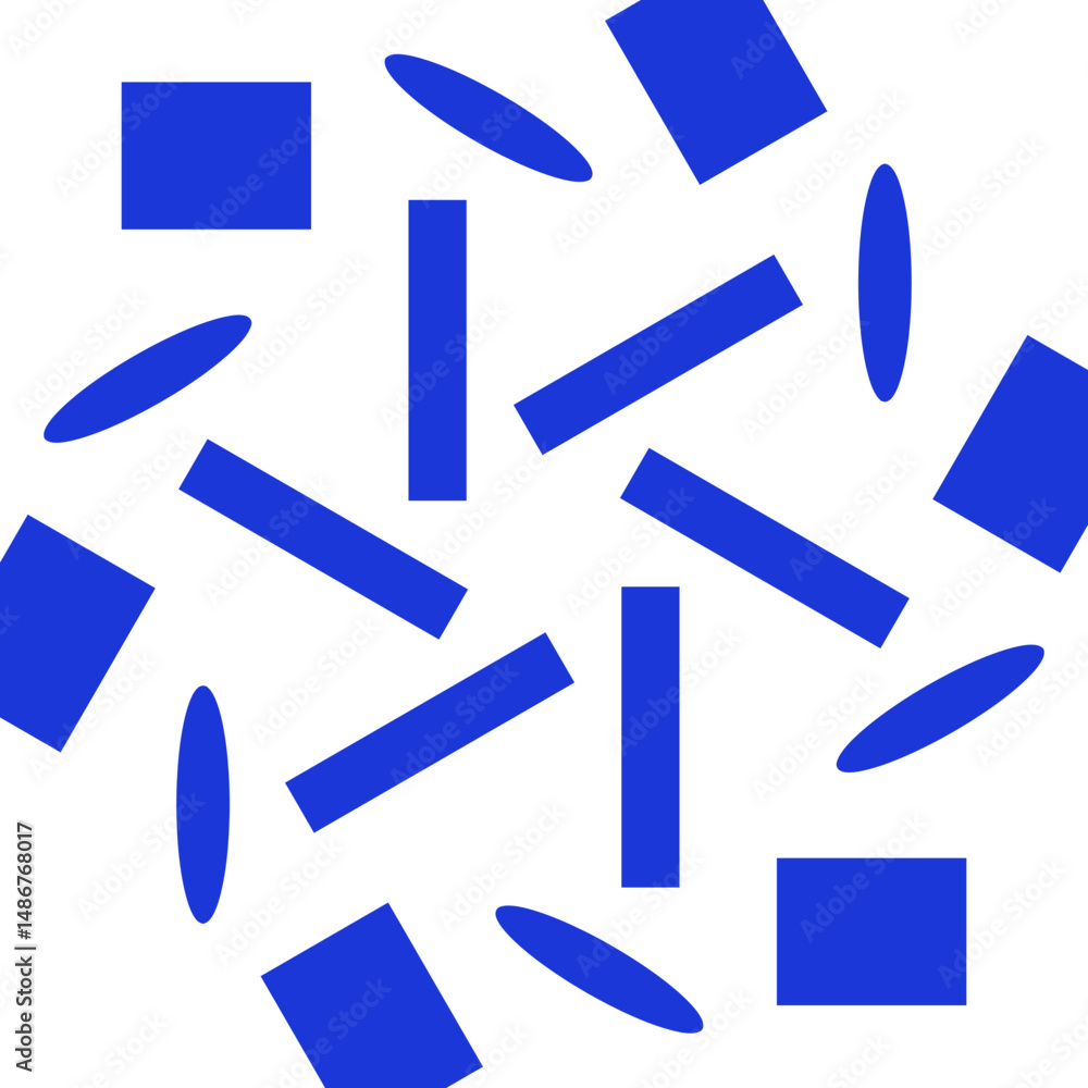 Poster geometric pattern features blue rectangles and ovals scattered on a white background creating a mode
