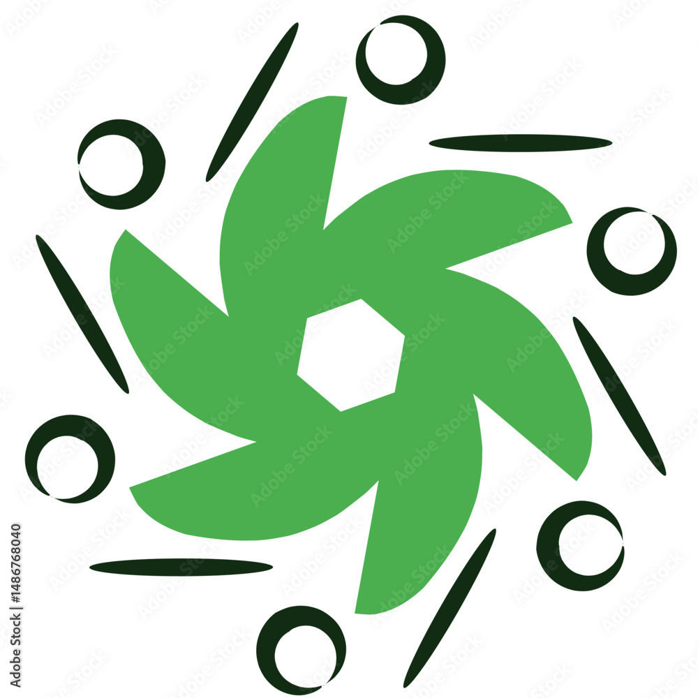 Poster an abstract green floral shape with surrounding dark geometric lines and circles evokes a modern and