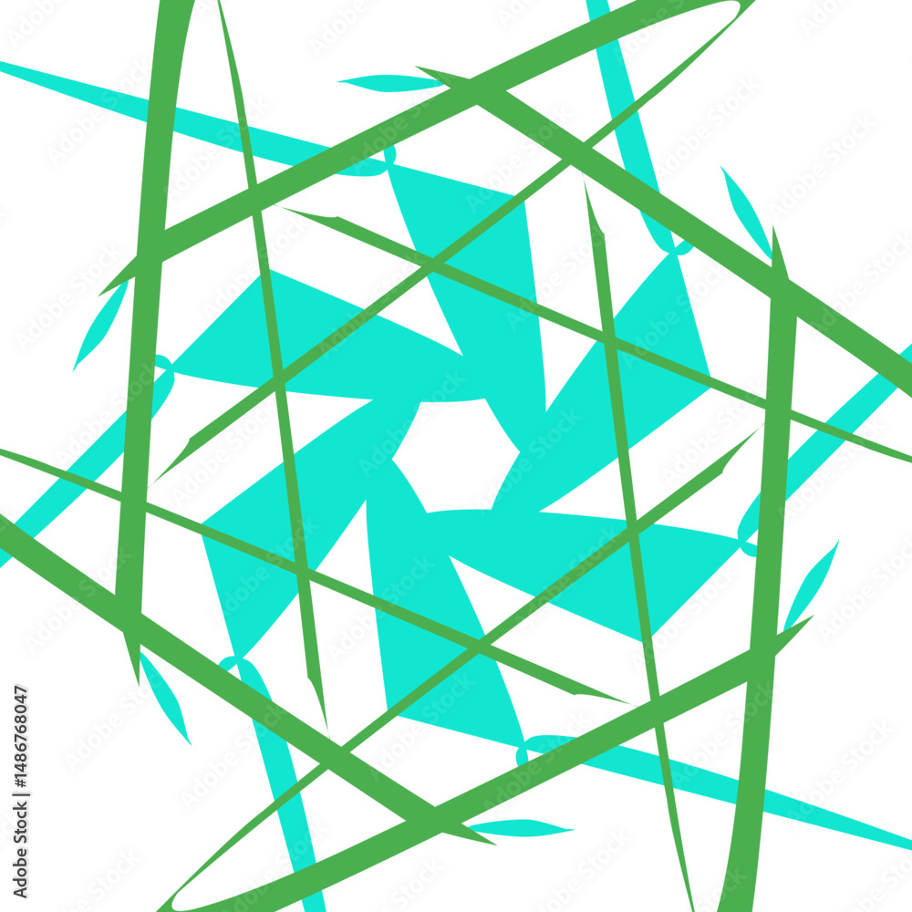 Poster eye-catching abstract design with intersecting green lines and sharp blue shapes on white background