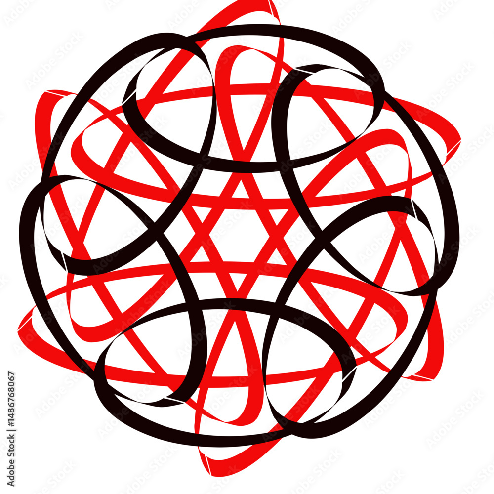 Poster intricate abstract design featuring looping red and black shapes creating a complex geometric patter