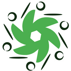 An abstract green floral shape with surrounding dark geometric lines and circles evokes a modern and playful mood Use for a design element or background