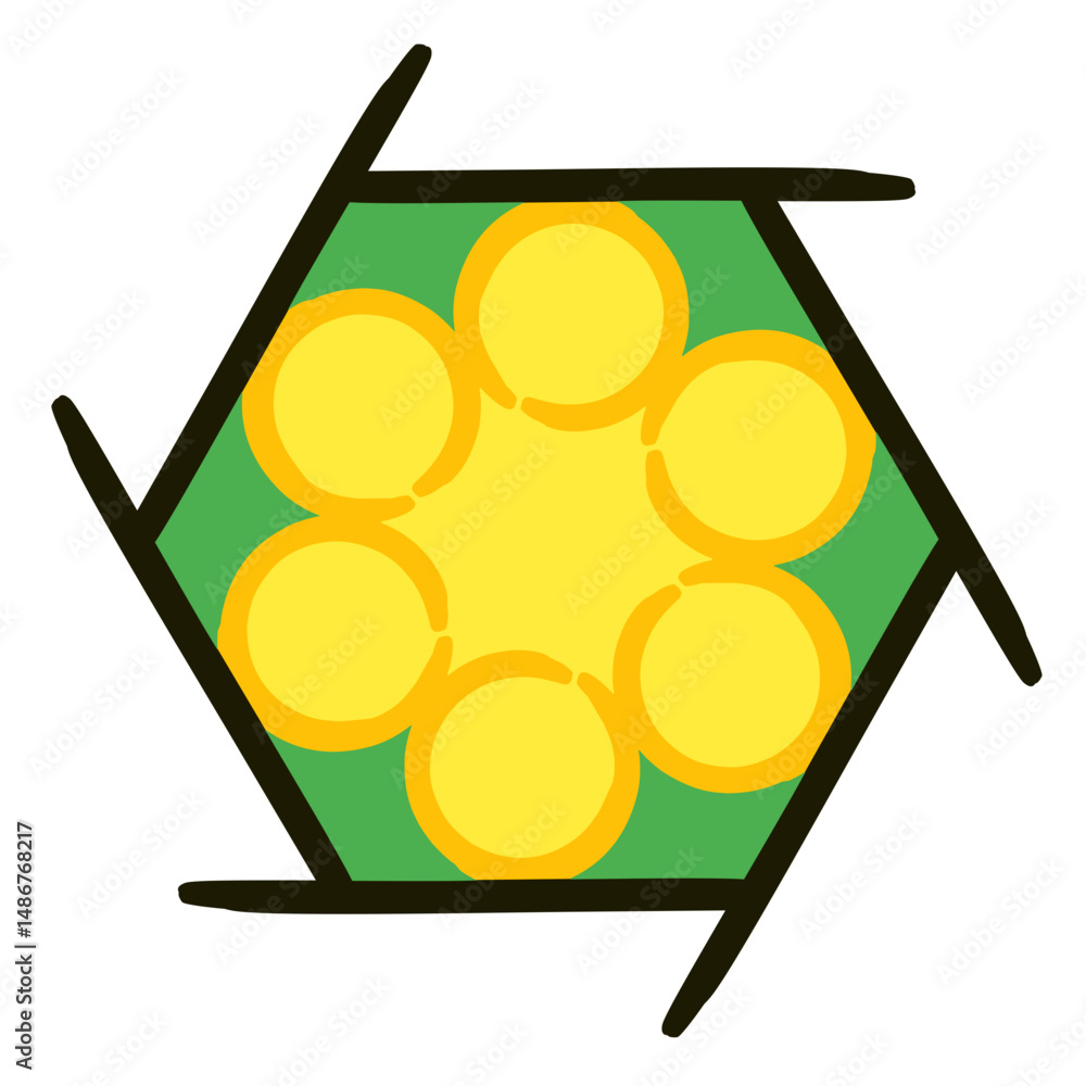 Poster colorful hexagon shape with yellow circles surrounding a bright center, creating a playful abstract 