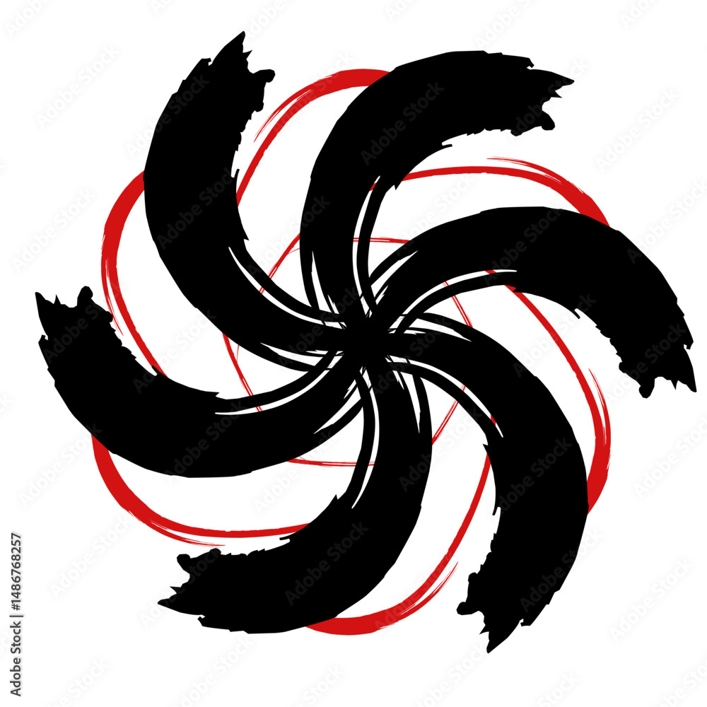 Poster whimsical brushstrokes create a dynamic swirl pattern with contrasting black and red tones against a