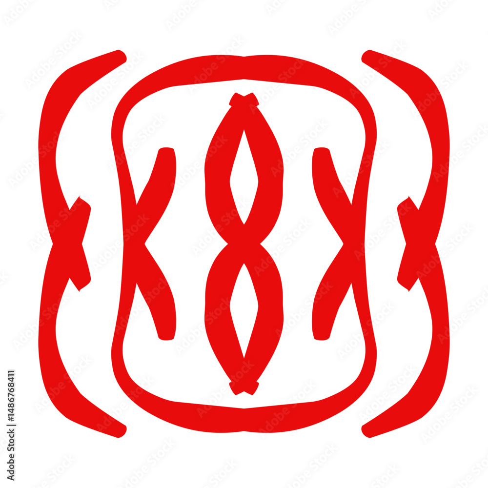 Poster modern graphic art featuring a symmetrical red abstract pattern against a crisp white backdrop, prov
