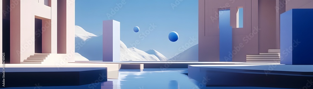 Poster abstract digital scene of minimalist structures.