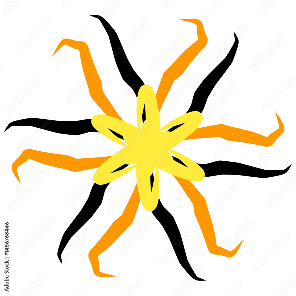 Poster abstract flower design with star in the center and alternating black and orange shapes radiating out