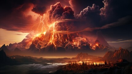 Fiery Inferno: Volcanic Eruption with Lightning Storm Over a Mystical City