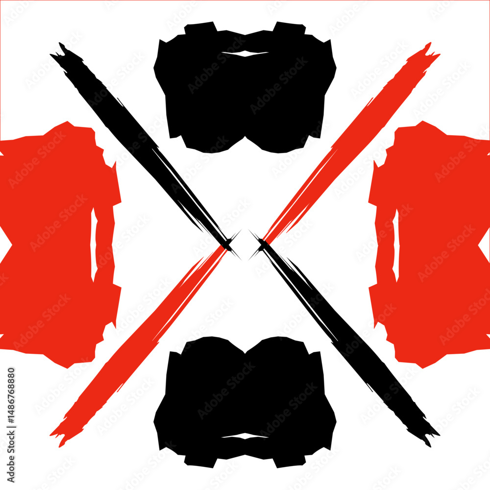 Aufkleber abstract geometric design features brush strokes in red and black against a white background, creati