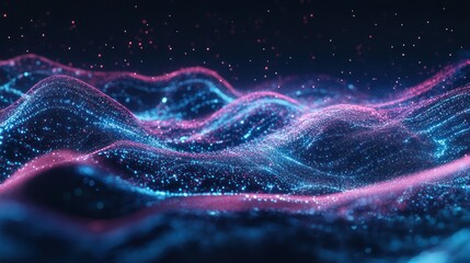 Abstract Glowing Particles Forming Wavy Landscape with Dynamic Lighting