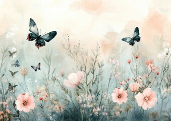 Delicate, pastel floral meadow with butterflies. Soft, watercolor-style image of a meadow with wildflowers, delicate butterflies, and muted colors