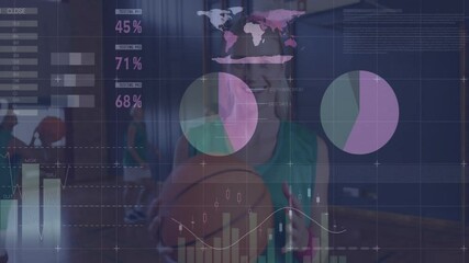 Female athlete holding basketball in gym, showcasing sports technology with world map and charts - Powered by Adobe