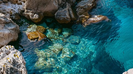 Aerial View of Turquoise Water Ripples Among Coastal Rocks in Daylight