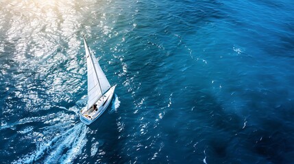 Obraz premium Aerial View of White Sailboat Sailing Through Sparkling Blue Ocean Waters