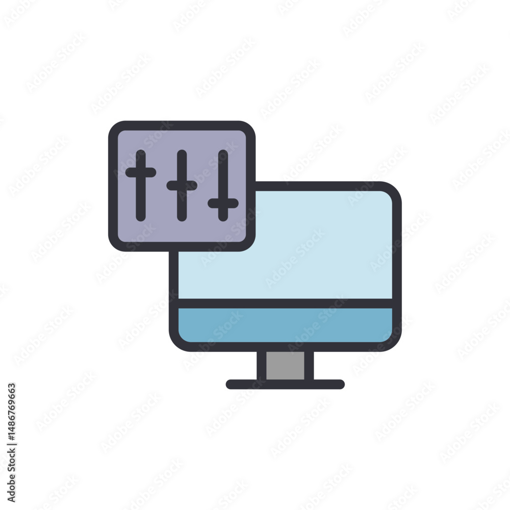 Poster computer with equalizer display symbolizes sound and software adjustment