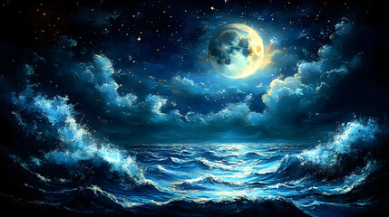 A mesmerizing moonlit seascape with ethereal waves and starry night sky