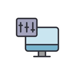 Computer With Equalizer Display Symbolizes Sound And Software Adjustment