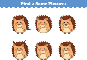Funny cartoon hedgehog. Find two same pictures. Educational game for children. Cartoon vector illustration