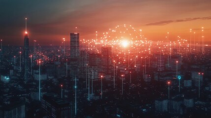 Fototapeta premium Futuristic cityscape with glowing network connections and sunset ambiance