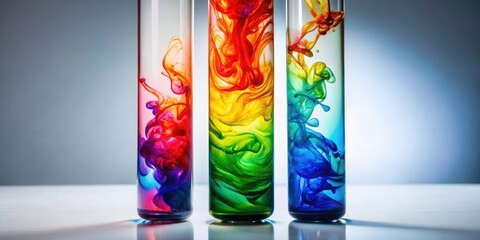Colorful ink swirls in a test tube with a droplet of liquid on its side