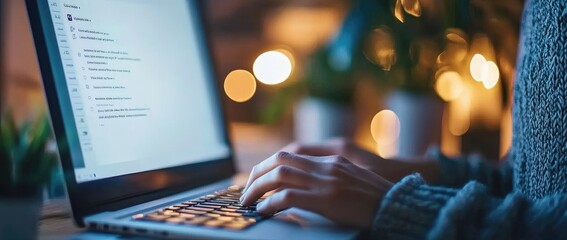Person typing on laptop in evening