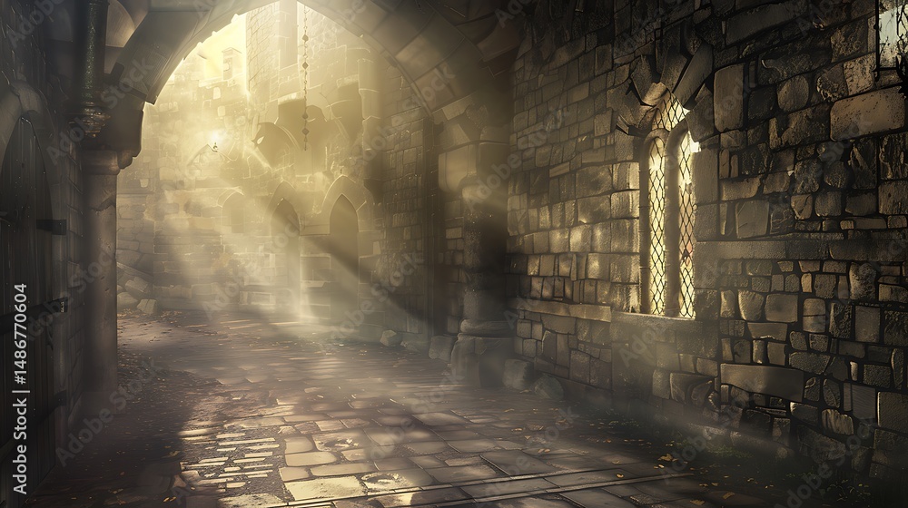 Poster ancient stone tunnel with light beams shining through window creating dramatic light and shadow