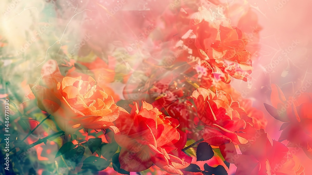 Poster artistic composition of red roses in bloom displaying color blending effects and lighting