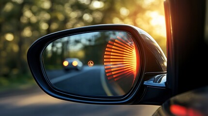Car mirror shows warning light and car on the road
