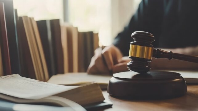 A wooden gavel rests on a desk in a courtroom setting