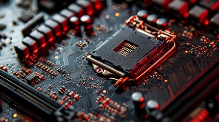 Fototapeta premium High-tech closeup of a computer motherboard socket with red lighting