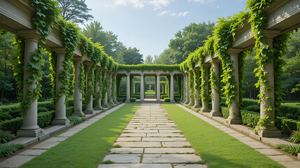 beautiful green gallery of a outdoor park with nice columns and botanic plant decorations of climbing grape vine with stone pavement and leading lines