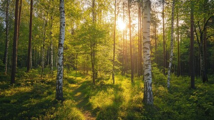 Fototapeta premium Sunlit path through birch forest, dappled light and shadows on lush green undergrowth