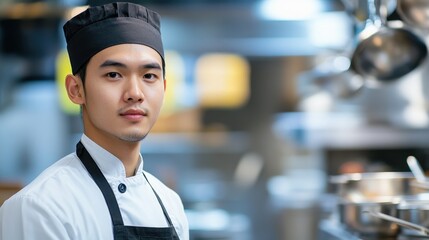 A young Asian male chef stands confidently in a modern kitchen, showcasing his passion for culinary arts in a vibrant restaurant setting.