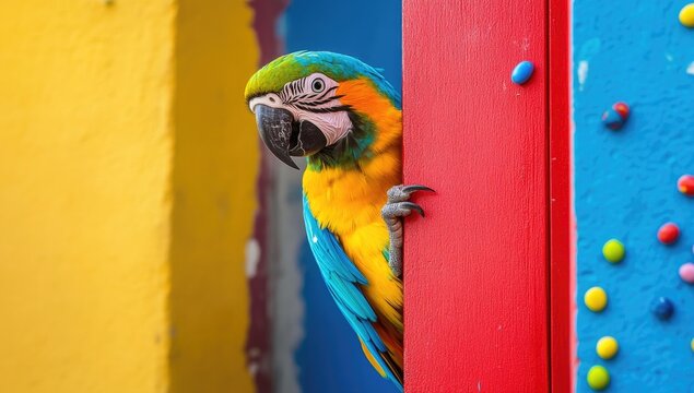 Colorful parrot peeking from behind a vibrant red post
