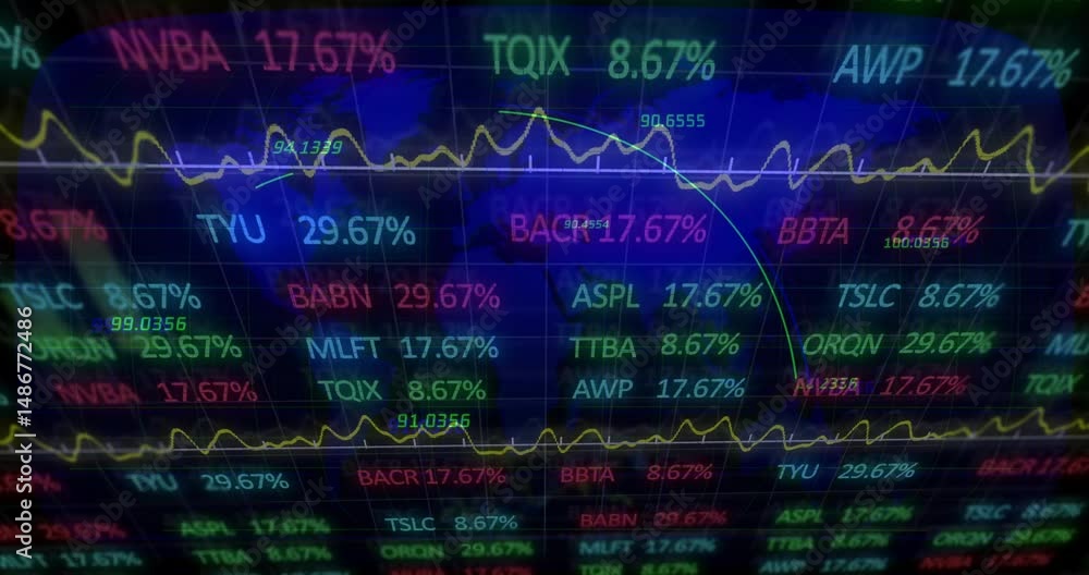 Aufkleber flat-design stock market data overlay showing colored tickers and fluctuating graphs over blue map