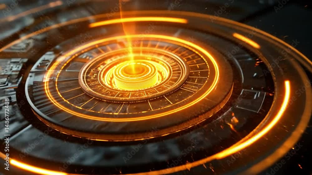 Poster glowing circular design with intricate patterns and orange light at center, creating futuristic and 