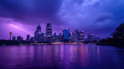 Obraz premium A city skyline is struck by lightning during a storm