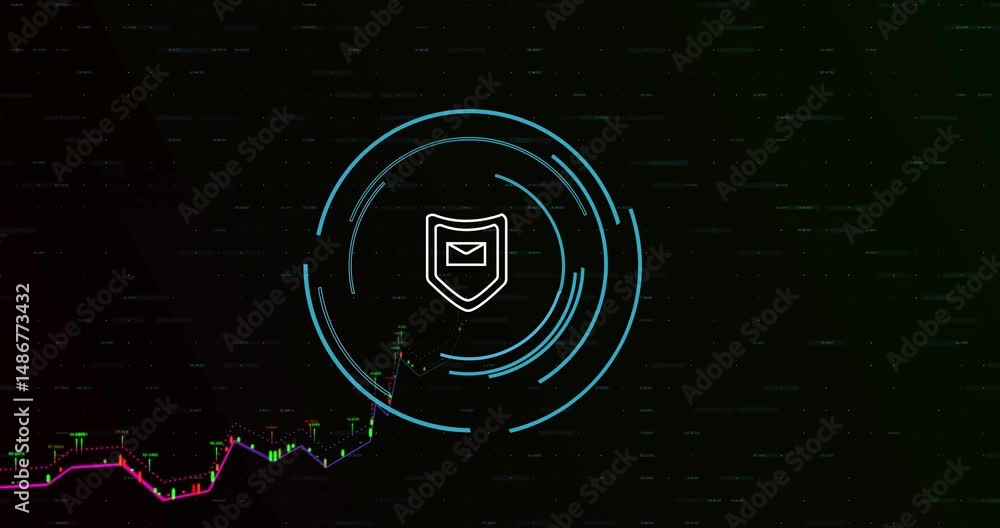 Poster dashboard showing floating codes while chart rising beside shielded envelope icon inside blue arcs