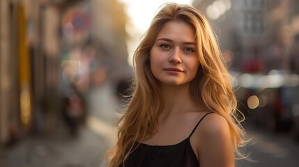 Fototapeta premium A young woman with contemplative expression stands in a busy city street, her gaze directed towards the camera.