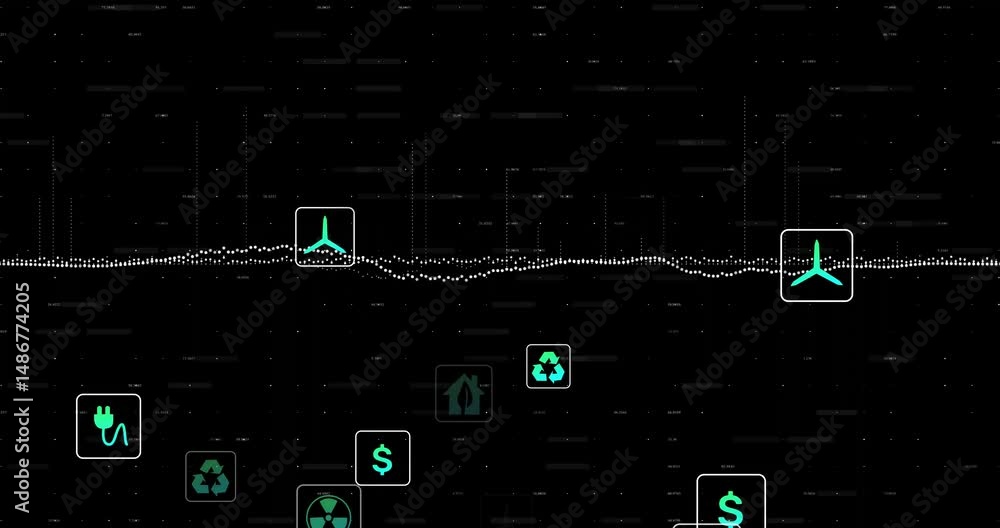 Poster horizontal dotted waveform representing data across screen while green cyan energy icons floating