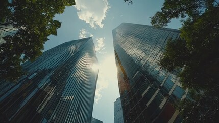 Tall buildings reflecting the sky with green tree branches framing them