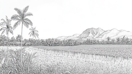 Pencil sketch of a tropical landscape with rice paddies and mountains.  Possible use Stock photo for educational materials or nature art prints