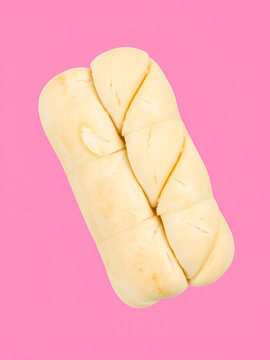 Pattern of white bread known as "Baguette Parisian" isolated on pink background. Horizontal photo.
