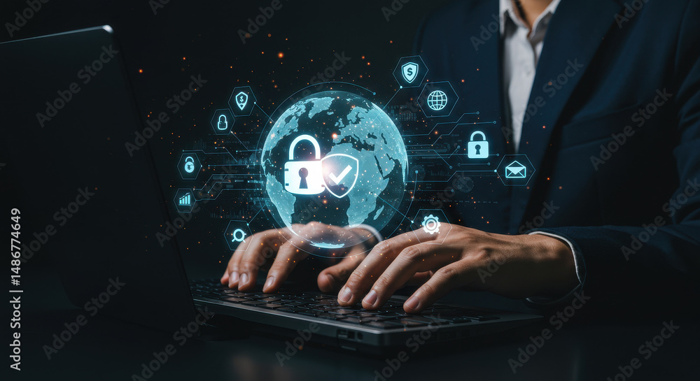 Poster cybersecurity protection: secure data solutions for global business on laptop. data privacy, network