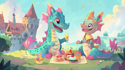 Two dragons enjoy a whimsical picnic on a lush green field, surrounded by oversized treats and a majestic castle.