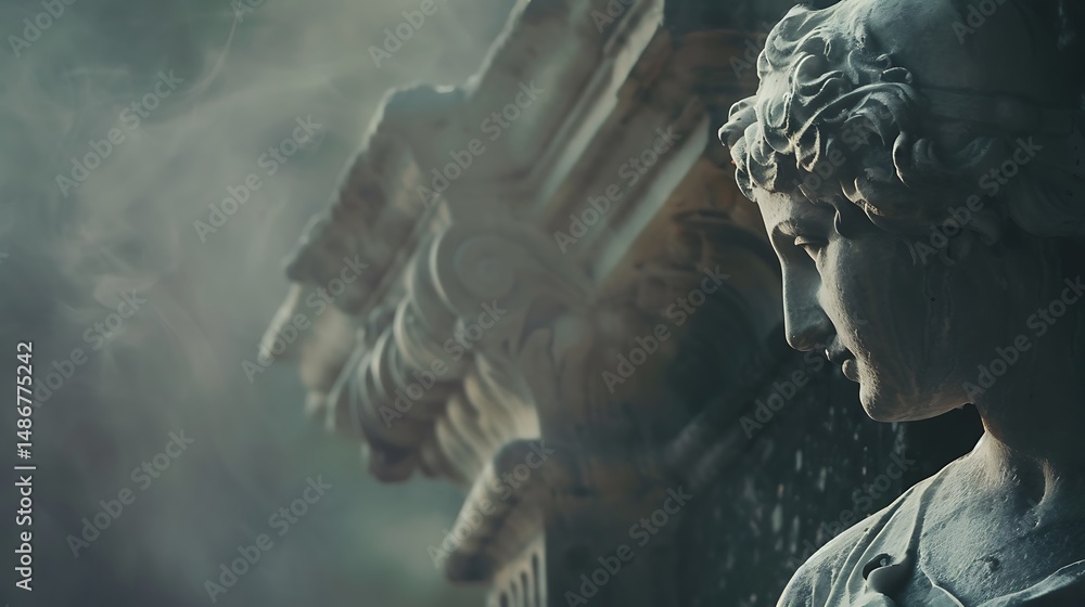 Poster classical marble statue profile with architectural elements and soft lighting