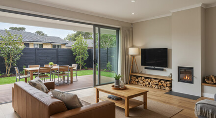Fototapeta premium Modern Living: Stylish Interior Design with Fireplace, Outdoor Patio, and Natural Light ? Home Decor Inspiration