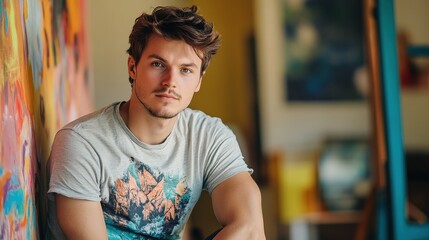 Obraz premium A young Caucasian man in his twenties poses casually in an artistic studio, showcasing a confident and friendly expression against a colorful background.