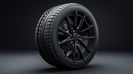 Sleek, all-black car wheel on a dark gray backdrop. Rim, tire, and brake details are visible