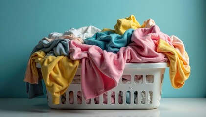 Overfull laundry basket overflowing with clothes , apparel, colorful